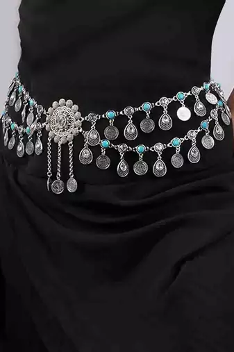 Silver plated crystal studded ethnic kamarbandh belly chain wrist belt jewellery for women