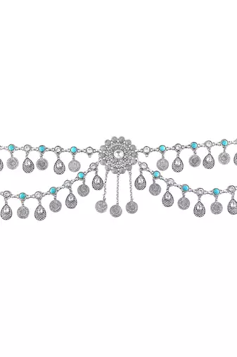 Silver plated crystal studded ethnic kamarbandh belly chain wrist belt jewellery for women