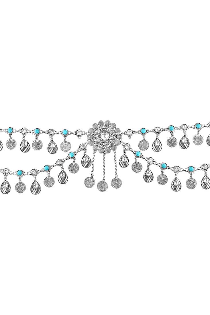Silver plated crystal studded ethnic kamarbandh belly chain wrist belt jewellery for women
