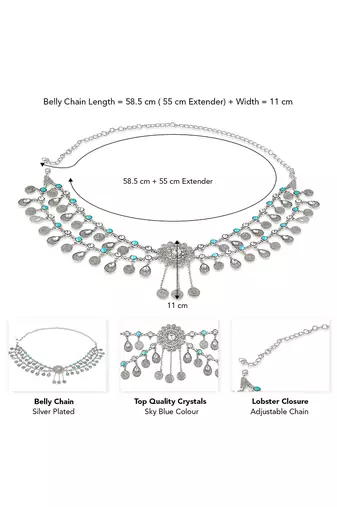 Silver plated crystal studded ethnic kamarbandh belly chain wrist belt jewellery for women