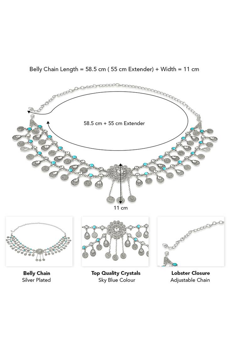 Silver plated crystal studded ethnic kamarbandh belly chain wrist belt jewellery for women