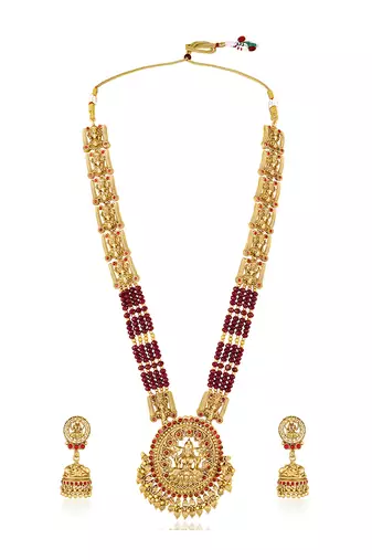 Gold plated goddess laxmi maroon faux ruby & beads studded long necklace with earrings