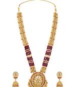 Gold plated goddess laxmi maroon faux ruby & beads studded long necklace with earrings