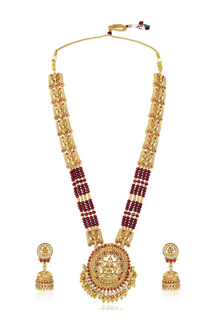 Gold plated goddess laxmi maroon faux ruby & beads studded long necklace with earrings