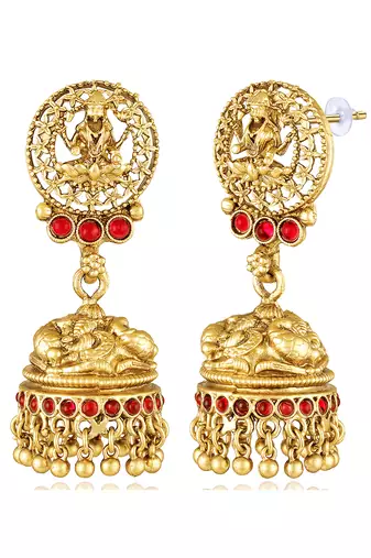 Gold plated goddess laxmi maroon faux ruby & beads studded long necklace with earrings