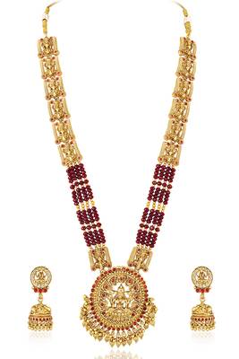 Gold plated goddess laxmi maroon faux ruby & beads studded long necklace with earrings 3