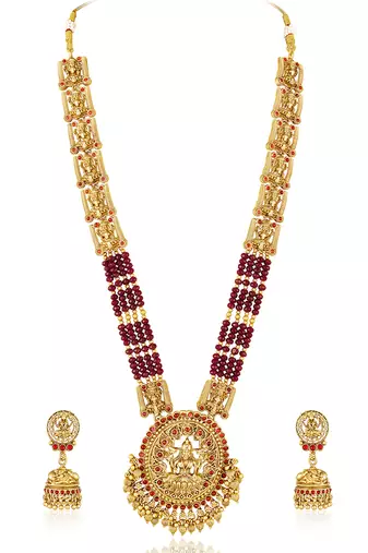 Gold plated goddess laxmi maroon faux ruby & beads studded long necklace with earrings