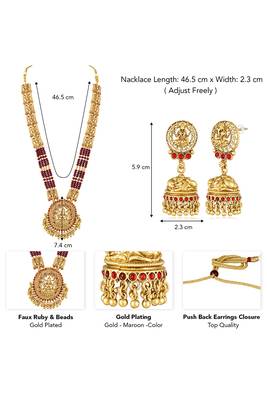 Gold plated goddess laxmi maroon faux ruby & beads studded long necklace with earrings 4
