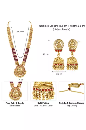 Gold plated goddess laxmi maroon faux ruby & beads studded long necklace with earrings