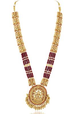 Gold plated goddess laxmi maroon faux ruby & beads studded long necklace with earrings 5