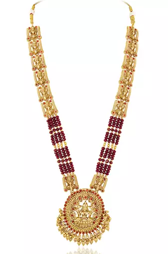Gold plated goddess laxmi maroon faux ruby & beads studded long necklace with earrings