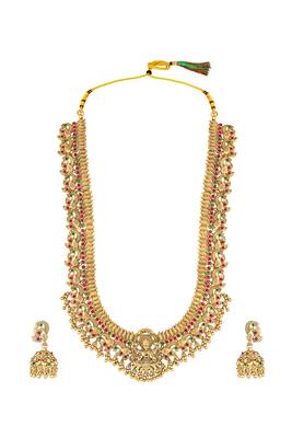 Gold plated rani pink green faux ruby faux emerald studded long necklace with jhumki earrings 1