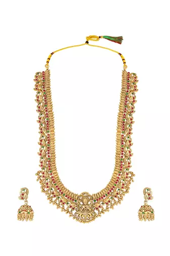 Gold plated rani pink green faux ruby faux emerald studded long necklace with jhumki earrings