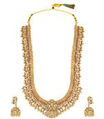 Gold plated rani pink green faux ruby faux emerald studded long necklace with jhumki earrings