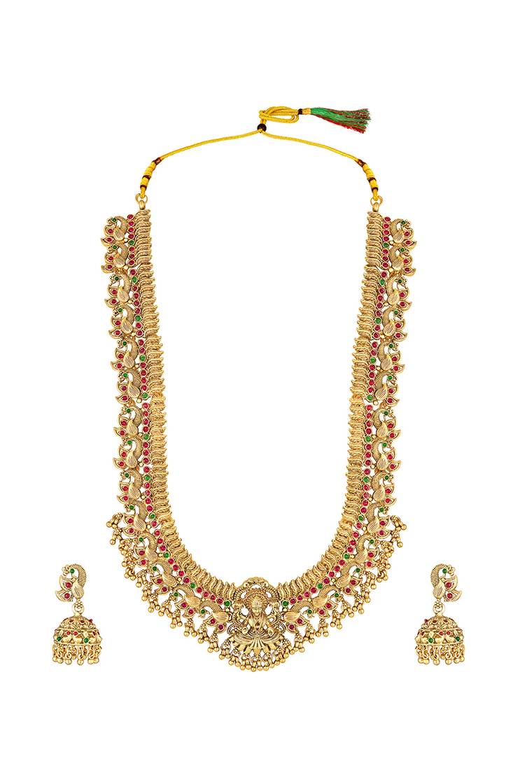 Gold plated rani pink green faux ruby faux emerald studded long necklace with jhumki earrings