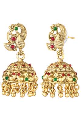 Gold plated rani pink green faux ruby faux emerald studded long necklace with jhumki earrings 2