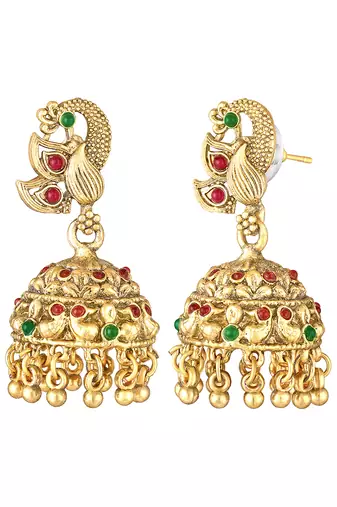 Gold plated rani pink green faux ruby faux emerald studded long necklace with jhumki earrings