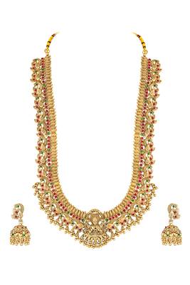 Gold plated rani pink green faux ruby faux emerald studded long necklace with jhumki earrings 3
