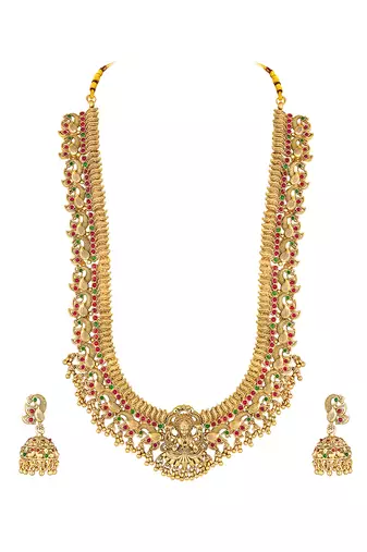 Gold plated rani pink green faux ruby faux emerald studded long necklace with jhumki earrings