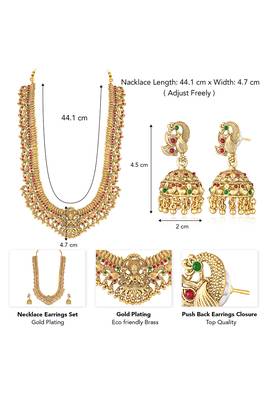 Gold plated rani pink green faux ruby faux emerald studded long necklace with jhumki earrings 4