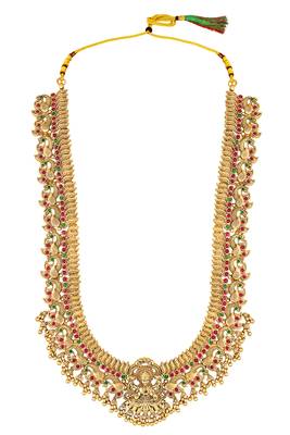 Gold plated rani pink green faux ruby faux emerald studded long necklace with jhumki earrings 5
