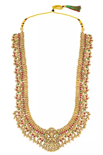 Gold plated rani pink green faux ruby faux emerald studded long necklace with jhumki earrings