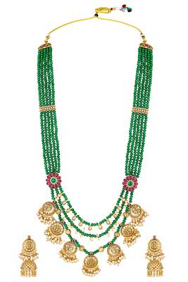 Gold plated faux ruby & green beads studded long necklace drop earrings set 1