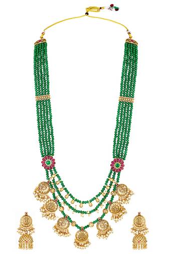 Gold plated faux ruby & green beads studded long necklace drop earrings set