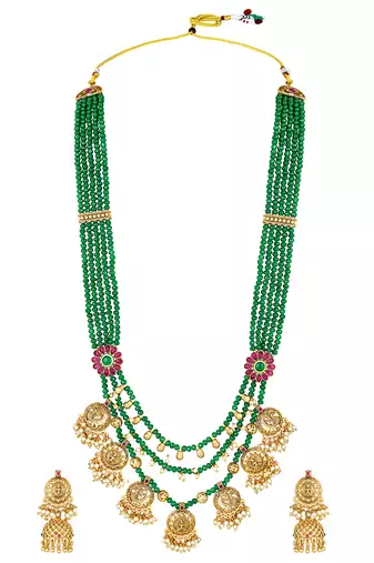 Gold plated faux ruby & green beads studded long necklace drop earrings set