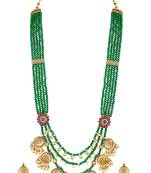 Gold plated faux ruby & green beads studded long necklace drop earrings set