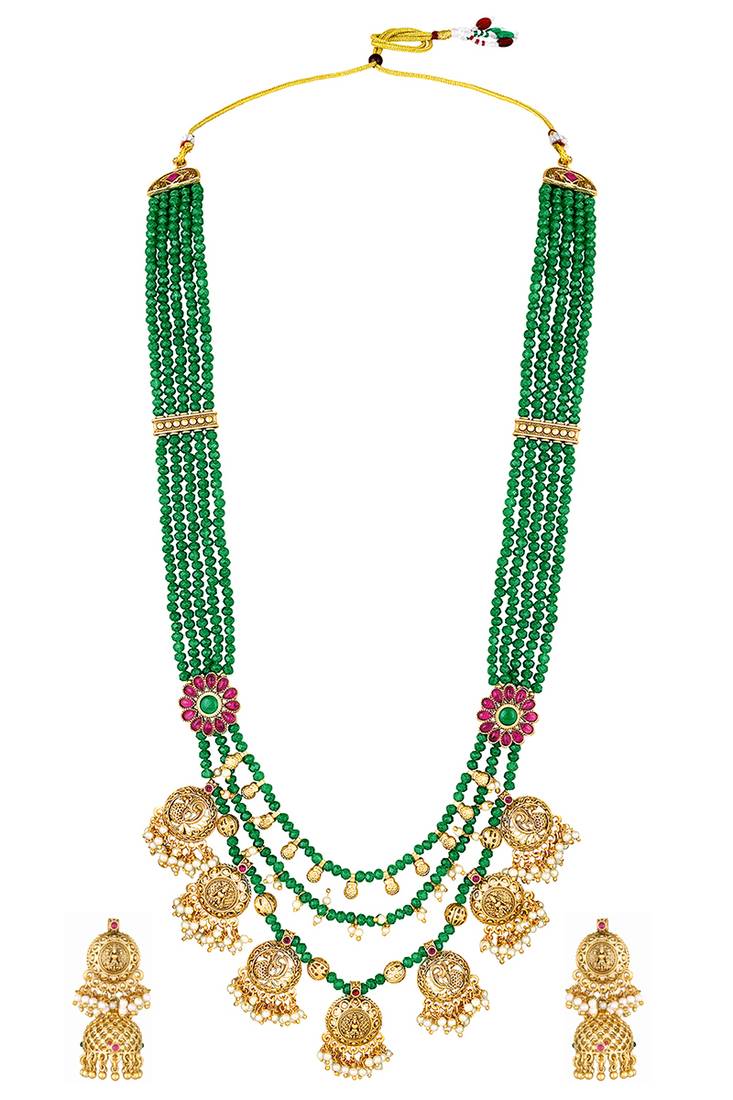 Gold plated faux ruby & green beads studded long necklace drop earrings set