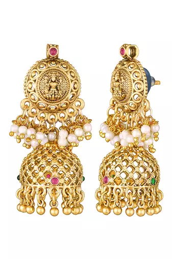 Gold plated faux ruby & green beads studded long necklace drop earrings set