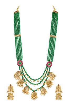 Gold plated faux ruby & green beads studded long necklace drop earrings set 3