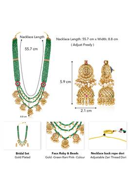 Gold plated faux ruby & green beads studded long necklace drop earrings set 4