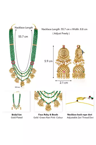 Gold plated faux ruby & green beads studded long necklace drop earrings set