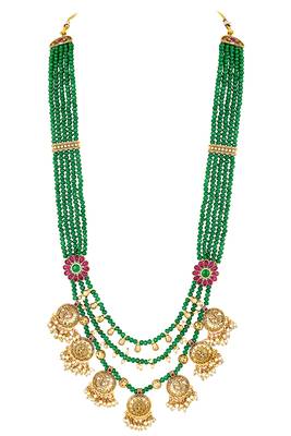 Gold plated faux ruby & green beads studded long necklace drop earrings set 5