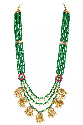 Gold plated faux ruby & green beads studded long necklace drop earrings set