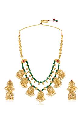 Gold plated faux ruby & green beads studded tassel necklace with jhumka earring set 1