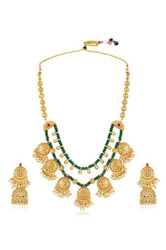 Gold plated faux ruby & green beads studded tassel necklace with jhumka earring set