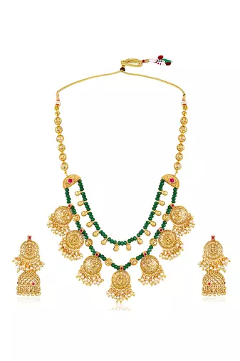 Gold plated faux ruby & green beads studded tassel necklace with jhumka earring set