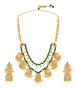 Gold plated faux ruby & green beads studded tassel necklace with jhumka earring set