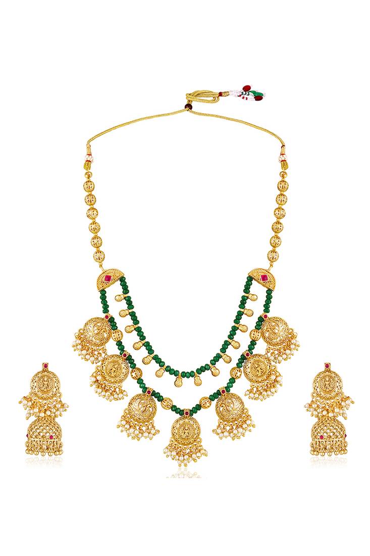 Gold plated faux ruby & green beads studded tassel necklace with jhumka earring set