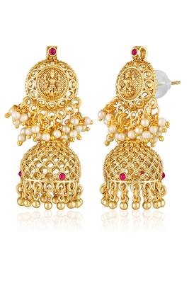 Gold plated faux ruby & green beads studded tassel necklace with jhumka earring set 2