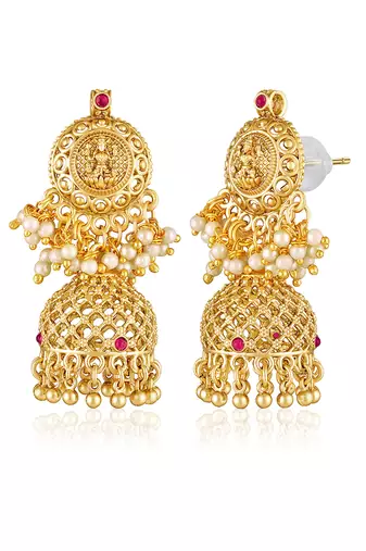 Gold plated faux ruby & green beads studded tassel necklace with jhumka earring set