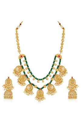 Gold plated faux ruby & green beads studded tassel necklace with jhumka earring set 3
