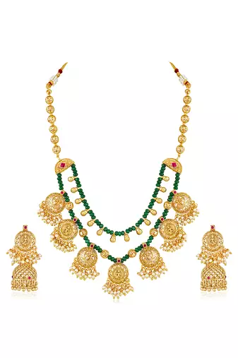 Gold plated faux ruby & green beads studded tassel necklace with jhumka earring set