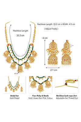 Gold plated faux ruby & green beads studded tassel necklace with jhumka earring set 4