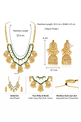 Gold plated faux ruby & green beads studded tassel necklace with jhumka earring set