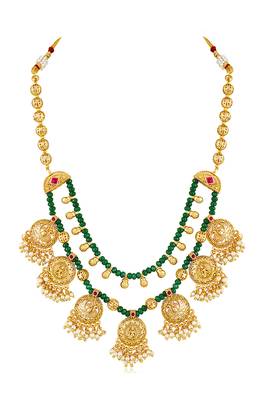 Gold plated faux ruby & green beads studded tassel necklace with jhumka earring set 5
