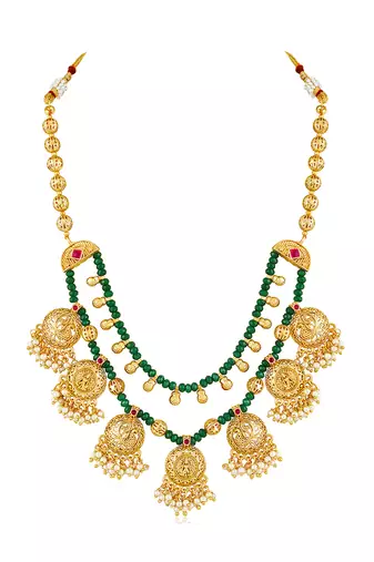 Gold plated faux ruby & green beads studded tassel necklace with jhumka earring set